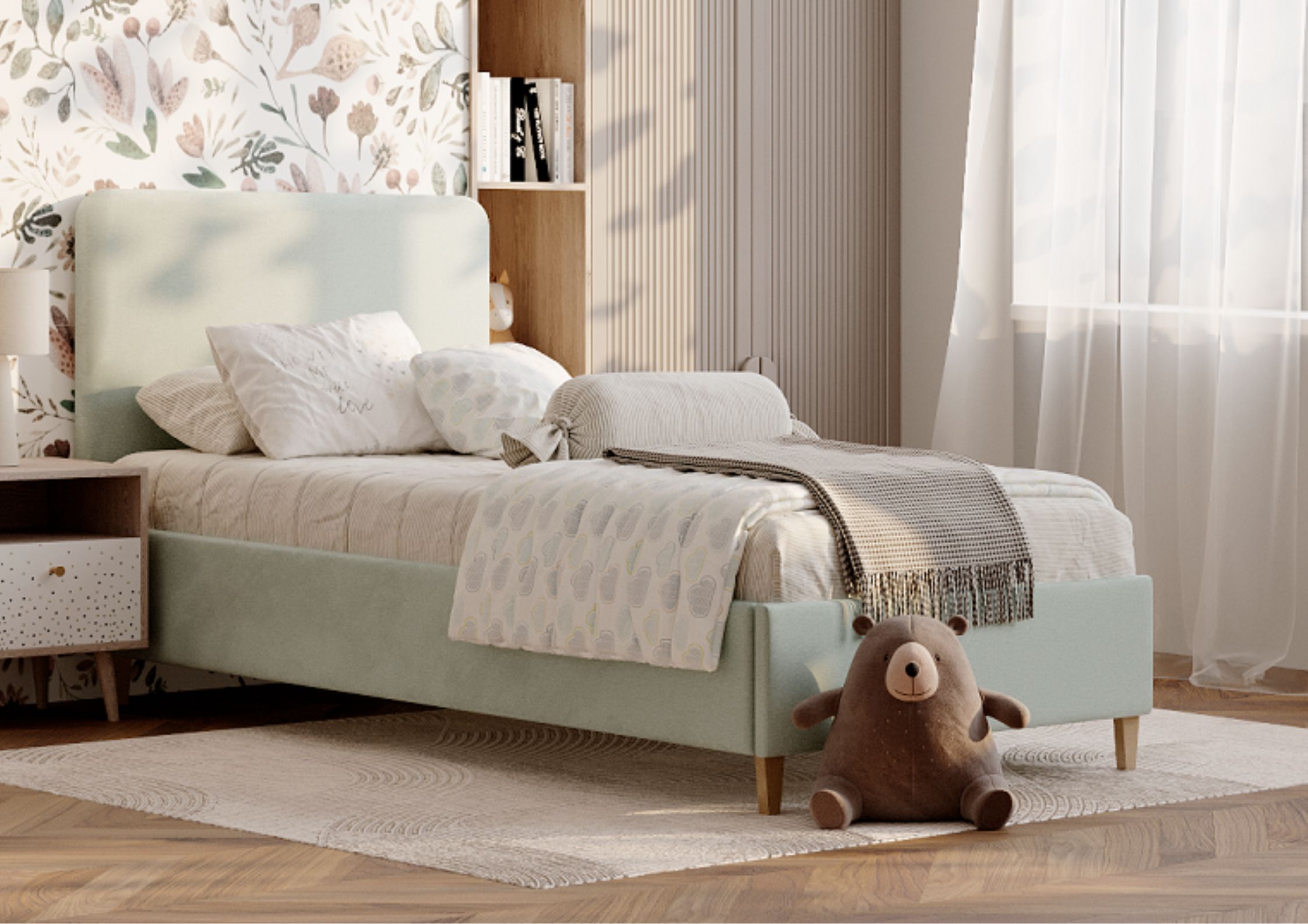 Łóżko do pokoju dziecięcego na drewnianych nogach